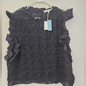 NWT ANTHROPOLOGIE FLAT WHITE CROCHET LACE RUFFLE BLOUSE TOP BLACK 2X Plus